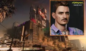Dawid Podsiadło w stylu cyberpunk, na tle futurystycznego miasta z neonowym hotelem.