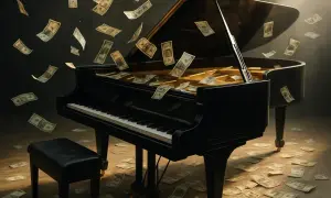 Czarny fortepian z banknotami unoszącymi się w powietrzu i leżącymi na podłodze.
