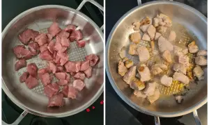 Rohes und angebratenes Schweinefleisch in einer Pfanne. Die Zubereitung für ein leckeres Schweinegulasch Rezept beginnt.