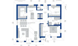 Grundriss Haus 100 qm 2 Etagen: Wohnen/Essen (38m²), Kochen (12m²), Schlafen (18m²), Arbeiten (10m²), Bad, WC, Technik.