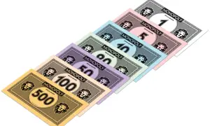 Monopolowe banknoty o różnych nominałach (1, 5, 10, 20, 50, 100, 500) w edycji Gdańsk.