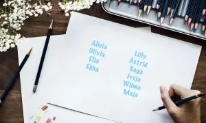 En hand skriver namn på flickor som Alicia, Olivia, Ella, Ebba, Lilly, Astrid, Saga, Freja, Wilma och Maja.