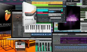 Kolaż przedstawiający ekrany różnych programów typu digital audio workstation, takich jak FL Studio, Studio One i Pro Tools, z widocznymi ścieżkami audio i wirtualnymi instrumentami.