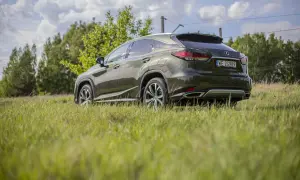 Ciemnozielony Lexus RX 300 stoi na trawiastym polu, z drzewami i niebem w tle.