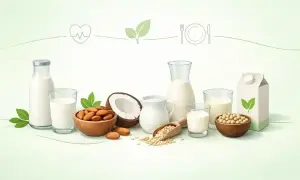 Różne rodzaje mleka roślinnego: migdałowe, kokosowe, owsiane i sojowe. Idealne dla osób dbających o linię, szukających mleka 2 procent kcal.