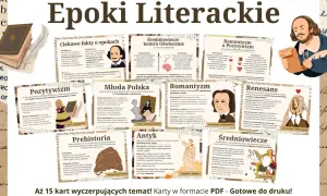 Ilustracja przedstawia kolaż z portretami pisarzy, fragmentami tekstów i grafikami symbolizującymi epoki literackie.
