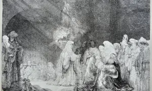 Rembrandt Zeichnungen: Eine Szene mit vielen Figuren, die sich um eine kniende Frau und ein Kind versammeln. Ein Lichtstrahl fällt von oben herab.