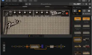 Wybór wzmacniacza '65 Twin Reverb w aplikacji Amplitube. Widać też ścieżkę sygnału z efektami.
