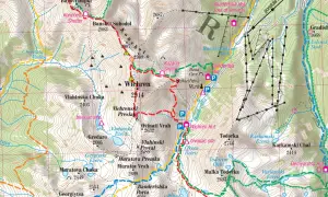 Mapa topograficzna gór w Bułgarii, z zaznaczonym szczytem Wichren (2914 m) i szlakami turystycznymi.