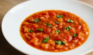 Toskanische Brot-Tomaten-Suppe mit Basilikum in einer weißen Schüssel.