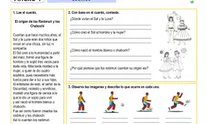 Actividad de comprensión lectora 4 primaria para imprimir. El Anexo 1 presenta un cuento sobre el origen de los Rarámuri y Chabochi.