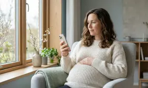 Gravid kvinna med synbortfall sitter i en fåtölj och tittar på sin mobiltelefon.