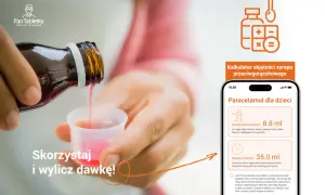 Syrop przeciwgorączkowy wylewany do miarki. Aplikacja Pan Tabletka pomaga obliczyć dawkę, np. dla Kidofen Duo.