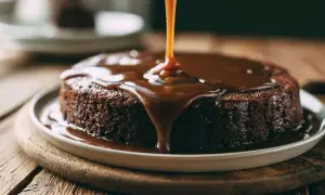 Un gâteau au chocolat moelleux est nappé d'un généreux caramel liquide, créant une cascade dorée et gourmande.