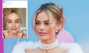 Margot Robbie bez makijażu na zdjęciu z Twittera, obok jej wizerunku z wydarzenia.