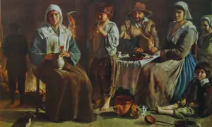 Francuscy malarze uchwycili scenę z życia wiejskiego: rodzina przy stole, dziecko gra na flecie, pies i koty.