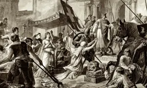 Szene eines geistlichen Gerichts im Mittelalter: König, Königin, Geistliche und Ritter versammeln sich vor einer Kathedrale.