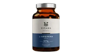 Szklana butelka suplementu diety L-Arginina 1200 mg, zawiera 120 kapsułek z 97% substancji czynnych.