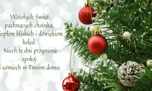 Choinka z bombkami i szyszką, na tle bokeh. Wesołych Świąt, pachnących choinką, ciepłem bliskich i dźwiękiem kolęd. Niech te dni przyniosą spokój i uśmiech w Twoim domu.