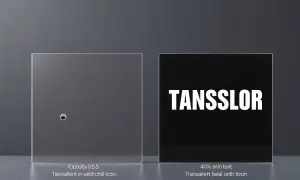 Deux panneaux : l'un transparent avec un petit cercle bleu et blanc, l'autre noir avec le mot "TANSSLOR" en blanc. Illustration de la transparence CSS.