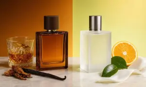 Dwa flakony perfum: jeden bursztynowy z drewnianą nakrętką, obok szklanka whisky i laska wanilii, drugi matowy, z metalową nakrętką, obok plaster pomarańczy i liście. Zapach erba gold.
