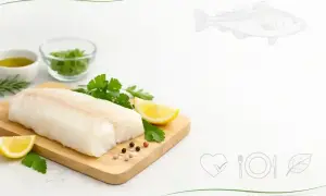 Świeży filet z dorsza na desce z cytryną i ziołami. Niska zawartość dorsz kcal czyni go idealnym wyborem dla dbających o linię.