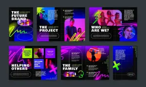 Kolaż grafik wektorowych z neonowymi akcentami, przedstawiający ludzi i hasła, np. "The Future Brand".