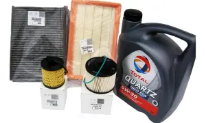 Zestaw filtrów i olej Total Quartz 5W-30 do silnika 2.0 HDI. W zestawie filtry powietrza, oleju i kabinowy.