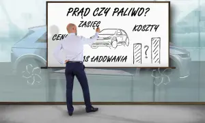 Mężczyzna pisze na tablicy "Prąd czy paliwo?", porównując zasięg, koszty i czas ładowania. Zastanawiasz się, ile kosztuje samochód elektryczny?