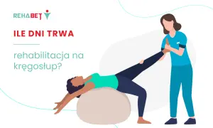 Ilustracja: fizjoterapeuta pomaga pacjentce ćwiczyć na piłce rehabilitacyjnej.