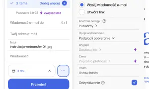 Interfejs usługi wetransfer co to jest? Wysyłanie plików, ustawianie tytułu "instrukcja wetransfer 01.jpg", wybór daty ważności i opcji wysyłki.