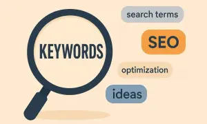 Lupa amplía la palabra "KEYWORDS". Al lado, burbujas con "search terms", "SEO", "optimization" e "ideas", clave para tus palabras claves Google.