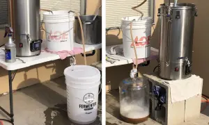 Dwa zestawy do domowego warzenia piwa: fermentor FermZilla i stożkowy fermentor szklany.