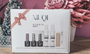 Zestaw hybrydowy Niuqi: lakier, baza, top, cleaner, remover, patyczki i pilnik. Idealny do domowego manicure.