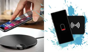 Czy iPhone 13 ma ładowanie indukcyjne? Na zdjęciu widać iPhone'a kładzionego na ładowarce indukcyjnej oraz drugi telefon z ikoną niskiego poziomu baterii obok podkładki ładującej.