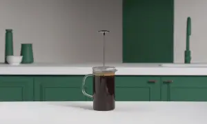 En presskanna med mörkt kaffe står på en vit bänk. En köksmiljö med gröna skåp och en kran syns i bakgrunden. Perfekt för att brygga presskaffe.