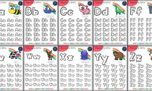 Hojas de caligrafía para imprimir con letras A-Z y dibujos de animales.
