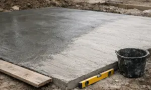 Świeżo wylany, mokry beton na placu budowy. Obok wiadro i poziomica, gotowe do pracy z szybkim betonem.