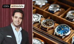 Entrevista sobre qué es el mercado gris, con un hombre en traje y una caja de relojes de lujo.
