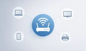 Router centralny, od którego rozchodzą się połączenia do laptopa, telefonu, komputera i drukarki. Ilustracja przedstawia wyszukiwanie urządzeń w sieci.