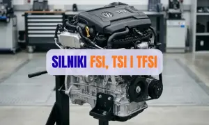Silnik FSI, TSI i TFSI Volkswagena na stojaku w warsztacie.