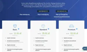 Porównanie planów: Basic, Standard, Premium. Każdy oferuje system rezerwacji, zarządzanie pracownikami i reguły rezerwacji. Dostępne plany 6 i 12-miesięczne z rabatami.