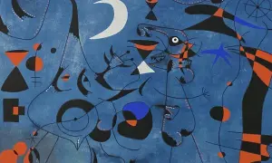 Abstrakcyjny obraz w stylu Miró. Niebieskie tło, księżyc, gwiazdy, figury geometryczne i organiczne formy.