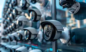 Une rangée de caméras de surveillance, certaines avec des LED pour la vision nuit, surveillent les environs.
