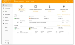 Program do kopania kryptowalut Cudo Miner pokazuje status kopania CPU i NVIDIA. Widoczny jest potencjał zarobkowy, temperatura i zużycie energii.