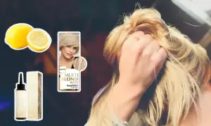 Kobieta z włosami w stylu baleyage blond, obok cytryny i rozjaśniacza do włosów.