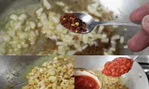 Przygotowanie sosu do **pasta amatriciana**: podsmażana cebula, płatki chili i pomidory z puszki.