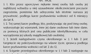 Tekst prawny opisuje, co grozi za stalking: uporczywe nękanie, podszywanie się pod kogoś, naruszanie prywatności. Kary to pozbawienie wolności od 6 miesięcy do 12 lat.