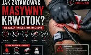 Instrukcja tamowania krwotoku tętniczego: zadbaj o bezpieczeństwo, wezwij pomoc, ucisk bezpośredni, opatrunek uciskowy, opaska uciskowa. Szybka reakcja ratuje życie.