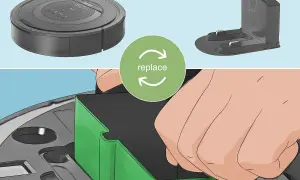 Mano insertando un depósito verde en un robot aspirador. Si tu roomba no recoge suciedad en el depósito, quizás necesites reemplazarlo.